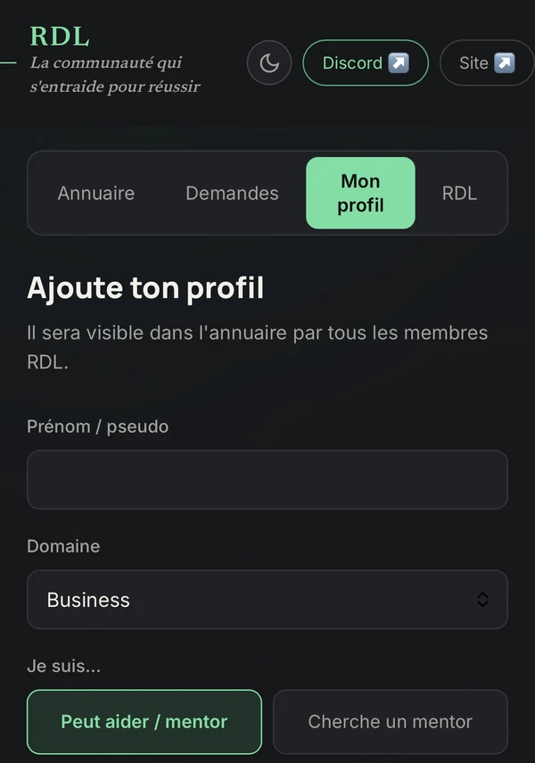 Écran de création du profil dans l’application RDL